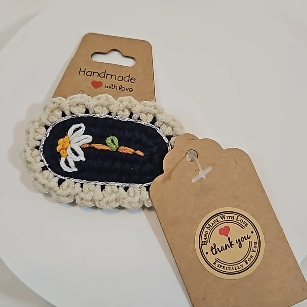 Hand Crafted Hand Knit Crochet Hair Clip Handmade Navy Blue  embroidered flower